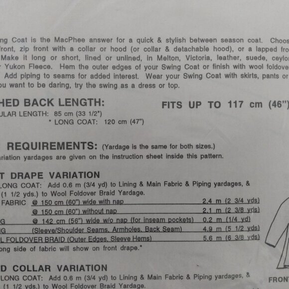 Vintage Swing Coat Sewing Pattern Retro 90s MacPhee Workshop - Picture 10 of 16